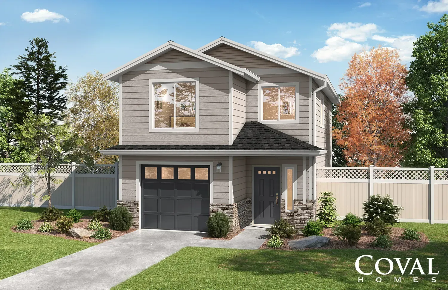 Modern two-story gray house with black garage, front porch, and landscaped yard under a blue sky
