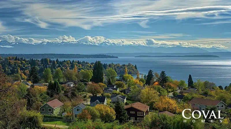 An elevated, scenic view looking down over a hillside residential neighborhood nestled among dense trees displaying vibrant autumn colors of green, yellow, and orange. Beyond the houses, a large, calm body of blue water stretches out, dotted with distant, heavily forested landmasses. On the far horizon, a majestic, rugged range of snow-capped mountains stretches across the landscape under a bright blue sky filled with dramatic, sweeping wispy white clouds. The logo "COVAL HOMES" is displayed in the bottom right corner.