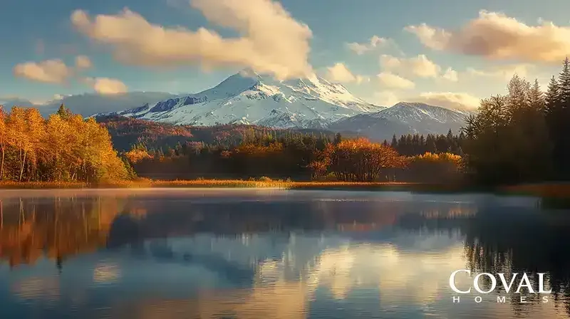 Scenic hillside garden overlooking a lake, with colorful trees, mountains, and a cloudy blue sky.