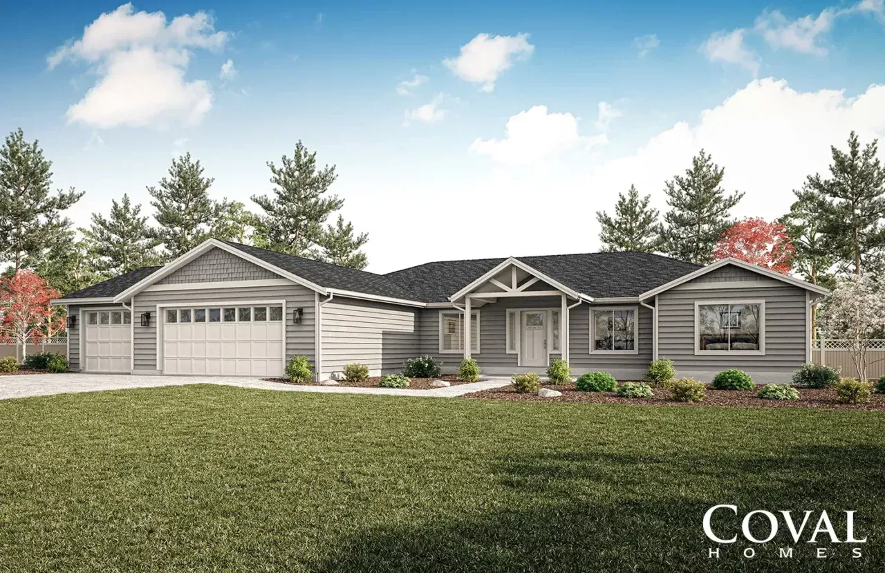 Single-story gray suburban house with a two-car garage, black roof, and landscaped front yard.