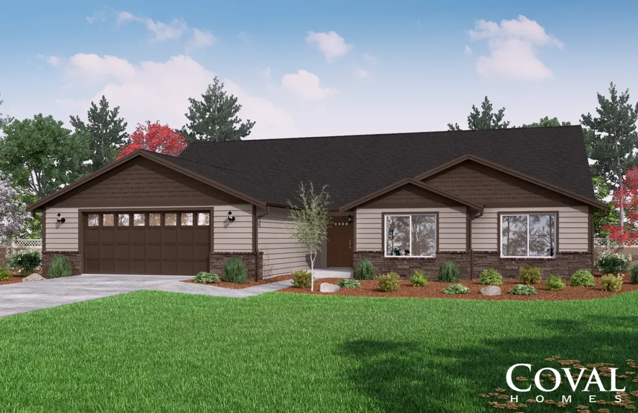 Single-story brick house with attached garage, front lawn, and clear sky background
