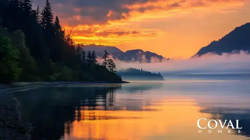 A serene, atmospheric view of a calm lake perfectly reflecting a brilliantly colored sunset sky in vibrant shades of fiery orange and soft gold. Dark silhouettes of steep, forested hills border the left shoreline, while a thick layer of low-hanging mist drifts over the smooth water and weaves through the distant mountains. The logo "COVAL HOMES" is displayed in the bottom right corner.