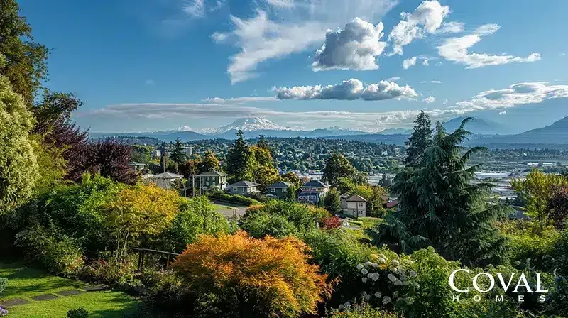 Scenic hillside garden overlooking a lake, with colorful trees, mountains, and a cloudy blue sky.