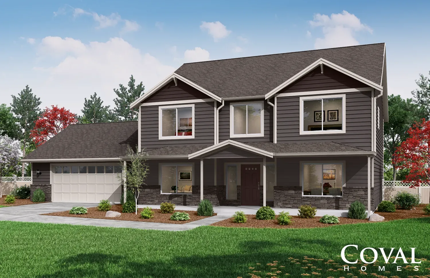 Two-story gray house with attached garage, front porch, and landscaped yard under a blue sky.