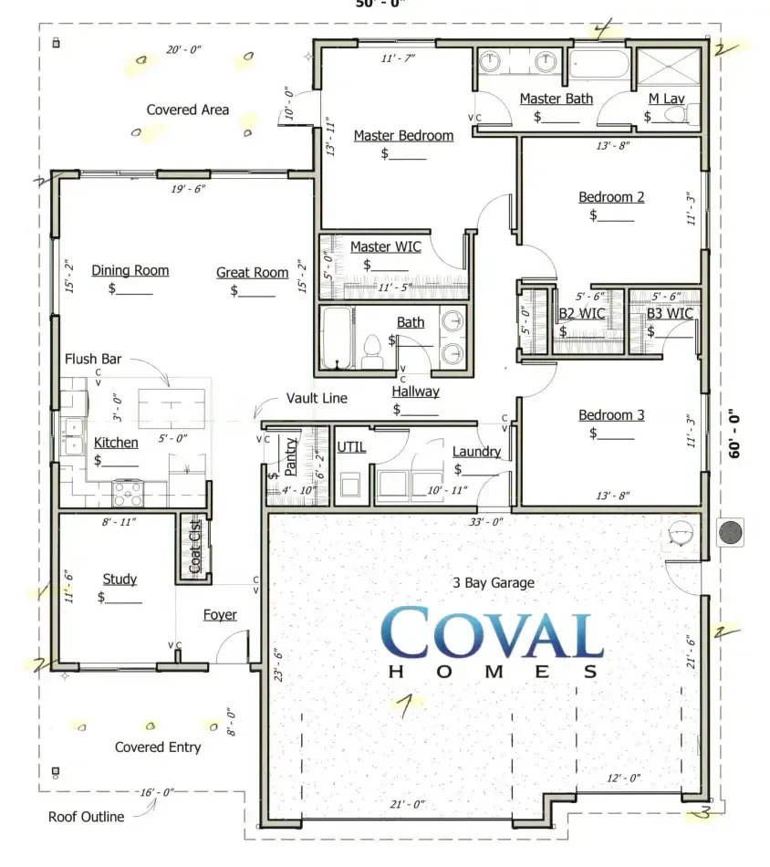 Floor plan of a three-bedroom house layout with labeled rooms and dimensions, featuring a central courtyard.