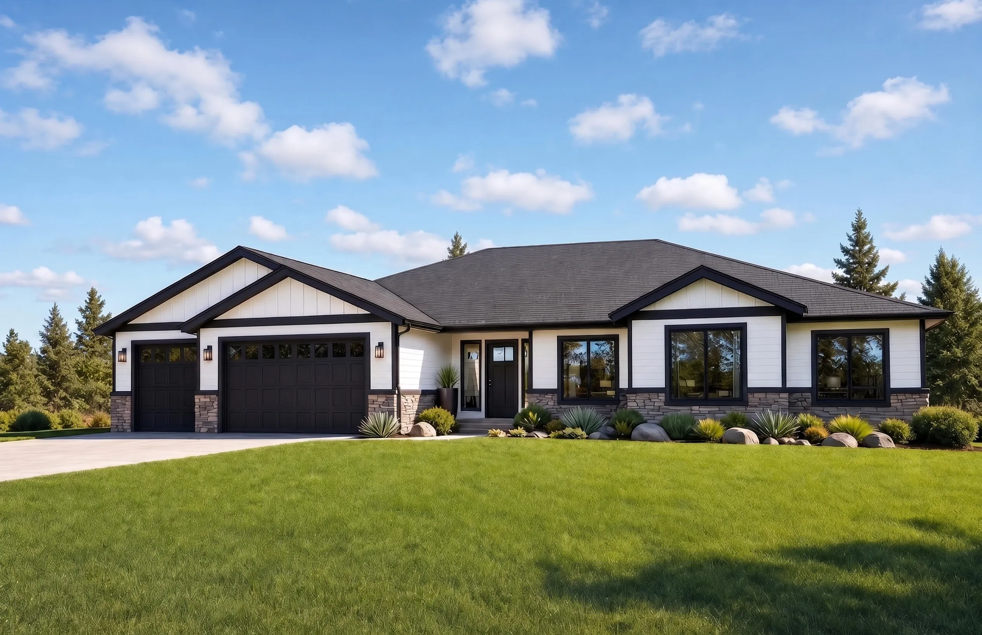 Single-story beige house with dark roof, attached garage, and wide green lawn under a bright sky