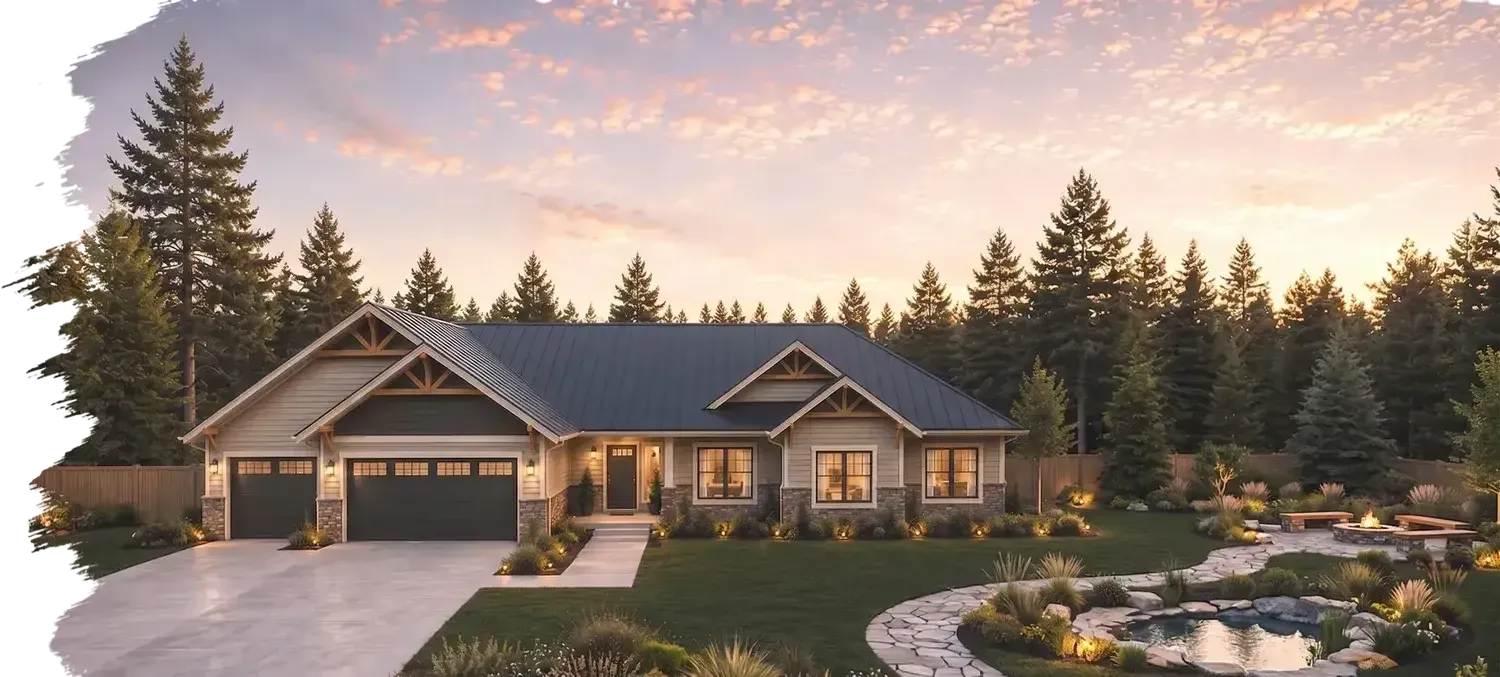 Modern Semi custom Coval Homes plan with lit windows, stone driveway, pine trees, and sunset sky