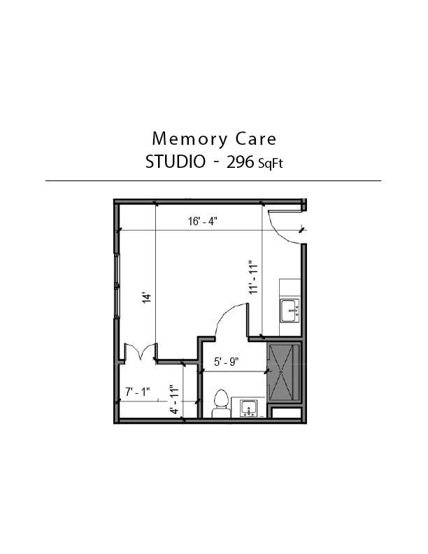 A black and white floor plan of a memory care studio.