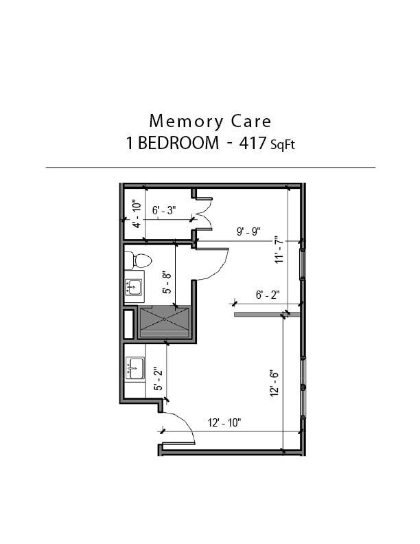 A black and white floor plan of a memory care apartment.