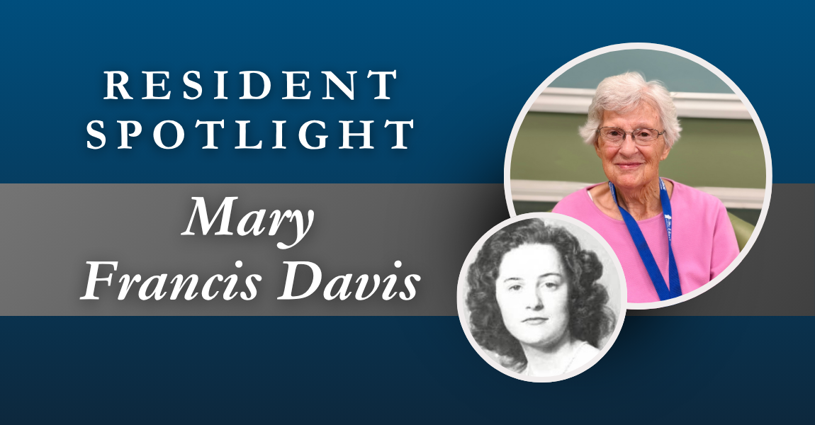 Resident Spotlight: Mary Francis Davis with portrait and smiling woman in a pink vest on blue background