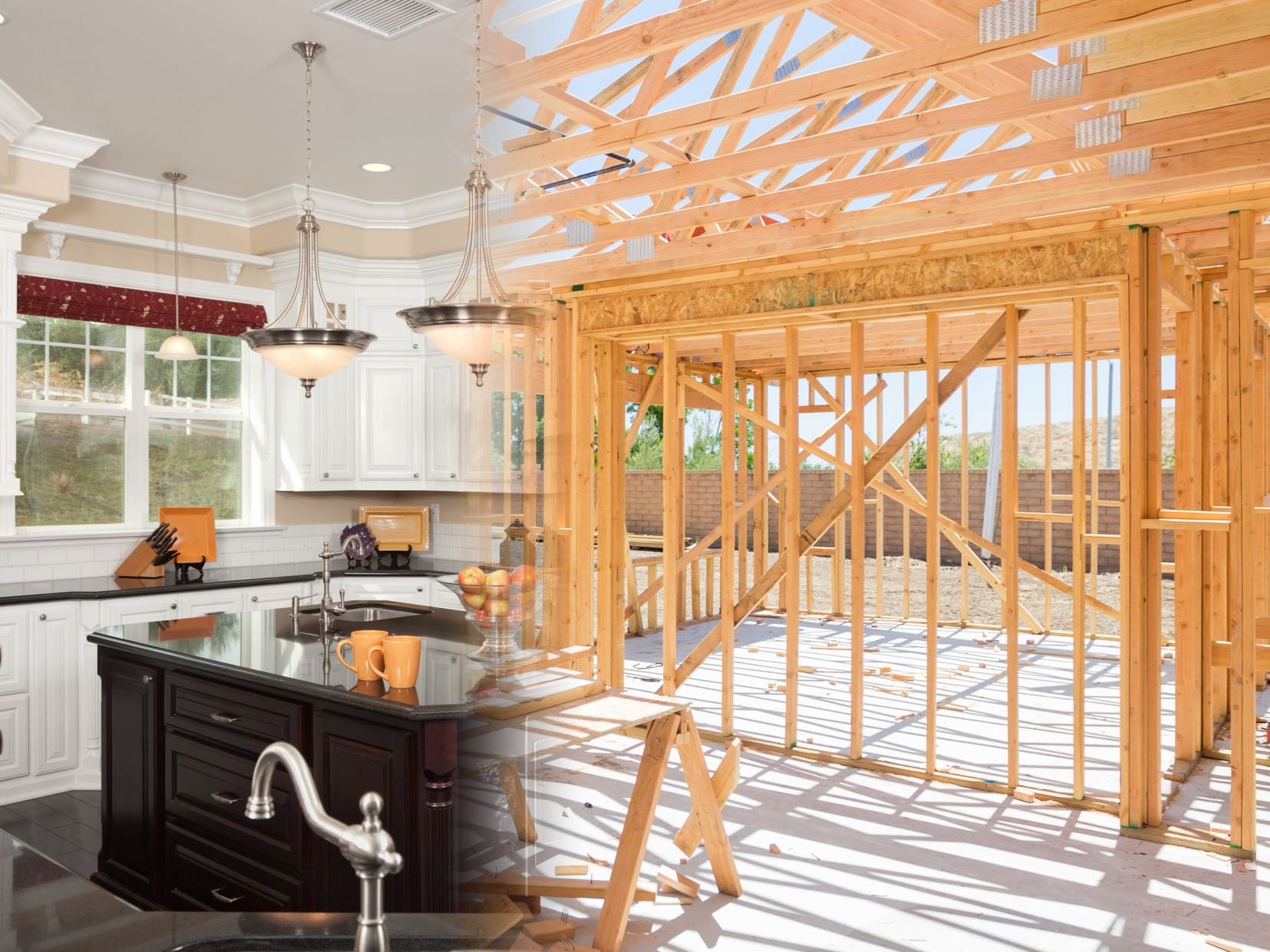 Kitchen beside exposed wooden framing under construction, with sunlight casting shadows across the unfinished floor.
