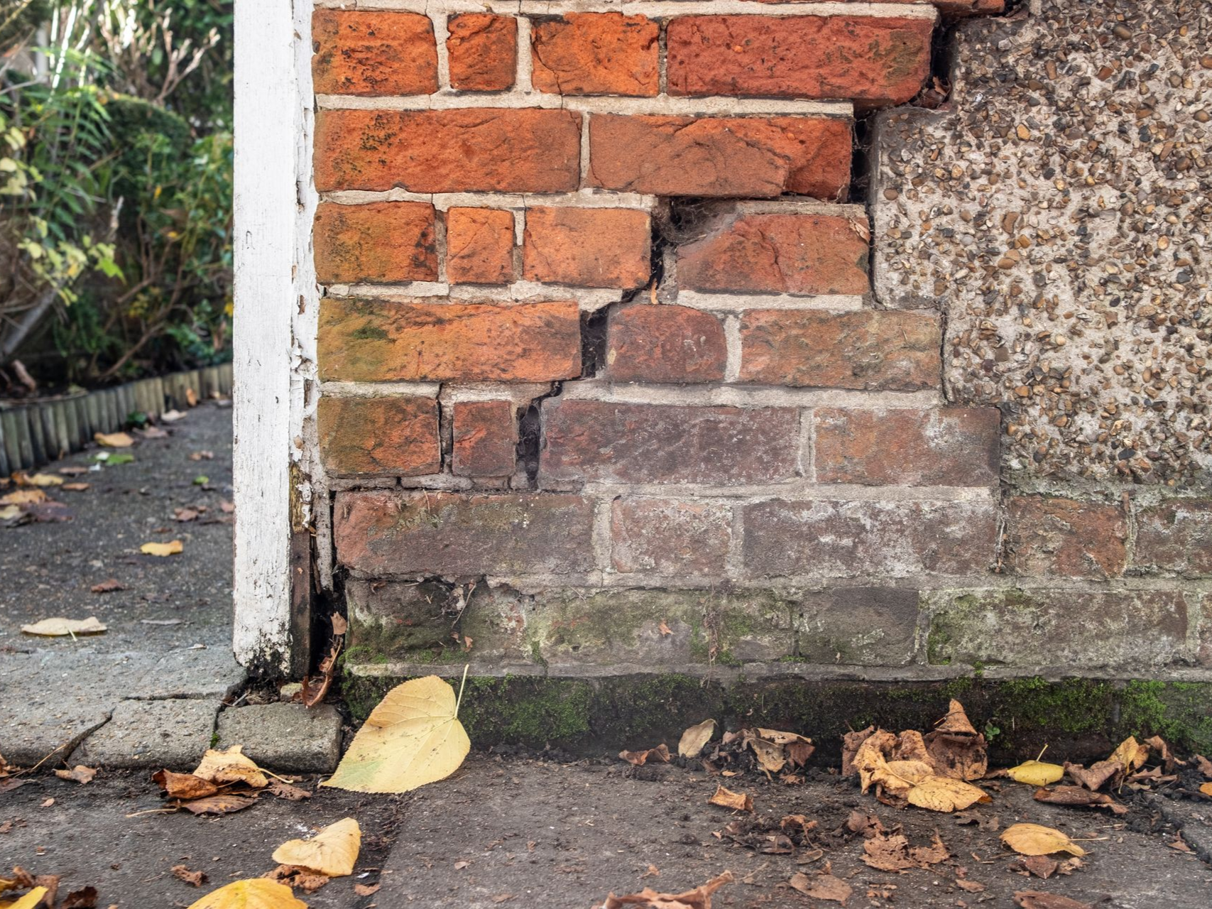 Cracked brick wall corner with peeling mortar beside a wet sidewalk and fallen leaves