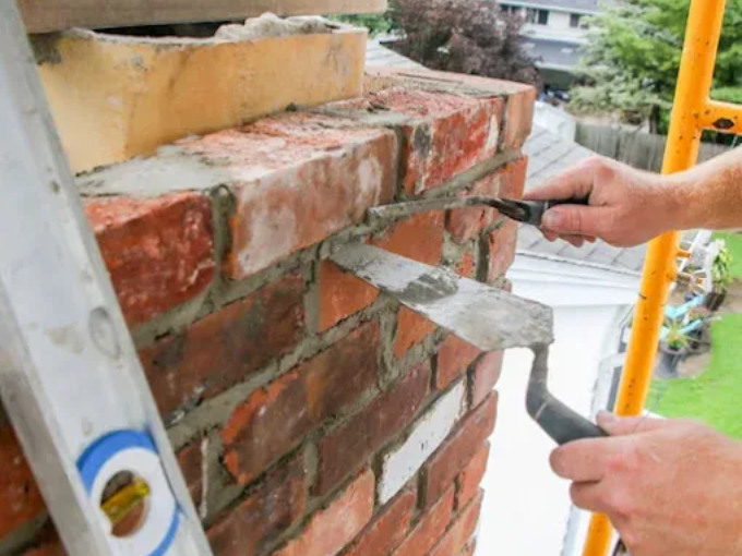 Worker chiseling a brick wall during repair, with scaffolding and a trowel nearby
