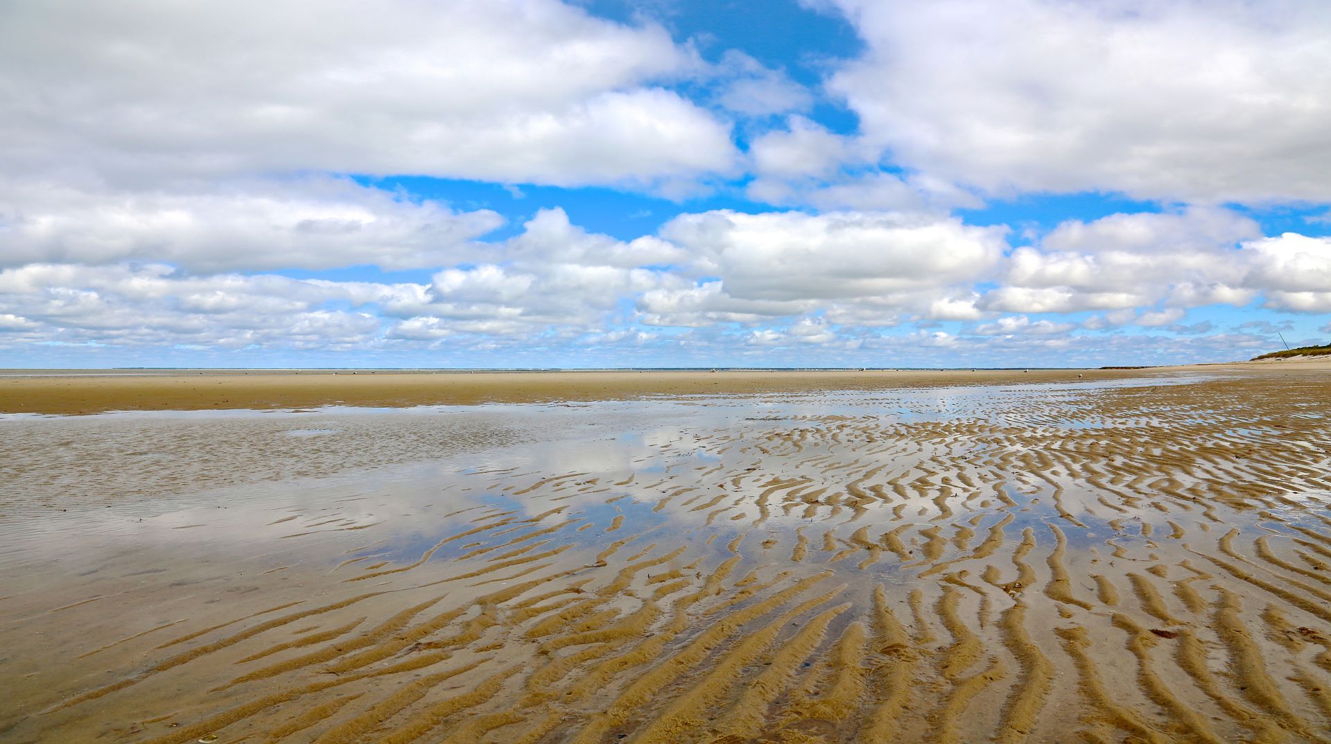 A sandy beach with a blue sky and clouds reflected in the water.