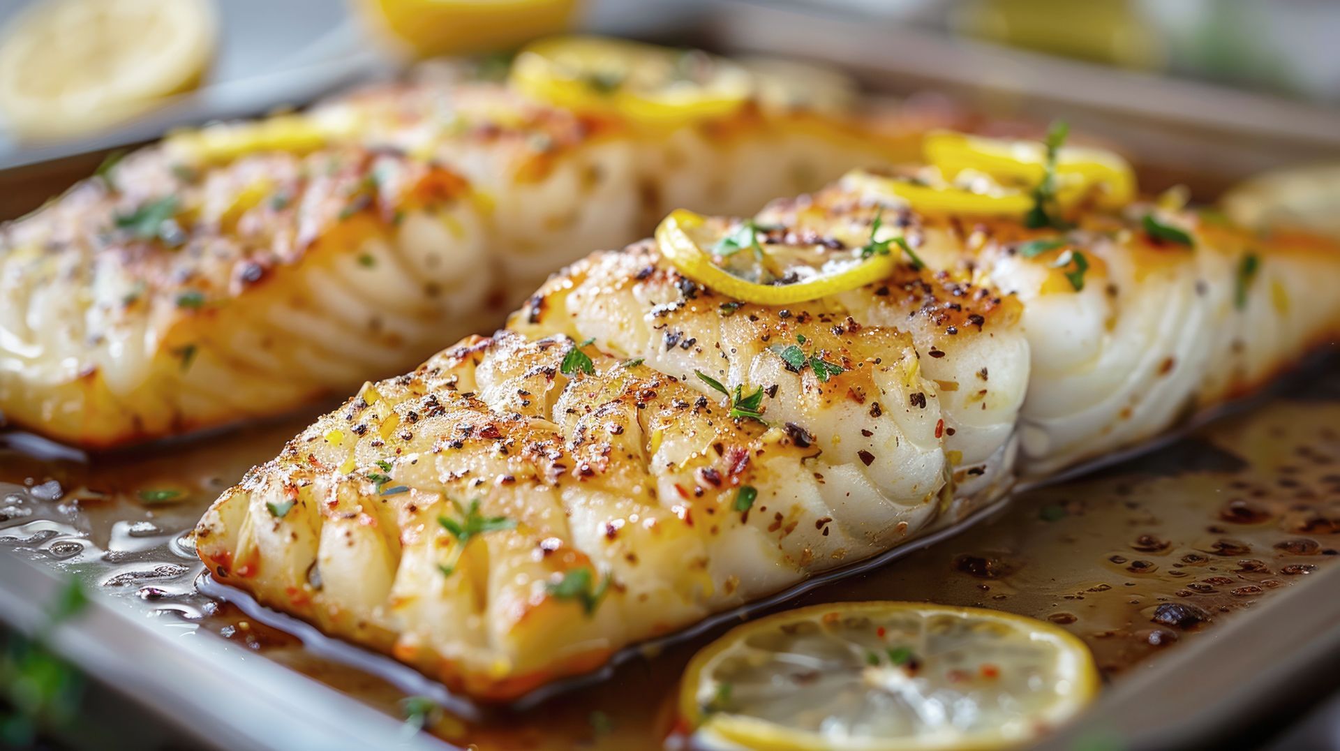 Two pieces of fish with lemon slices on a pan.