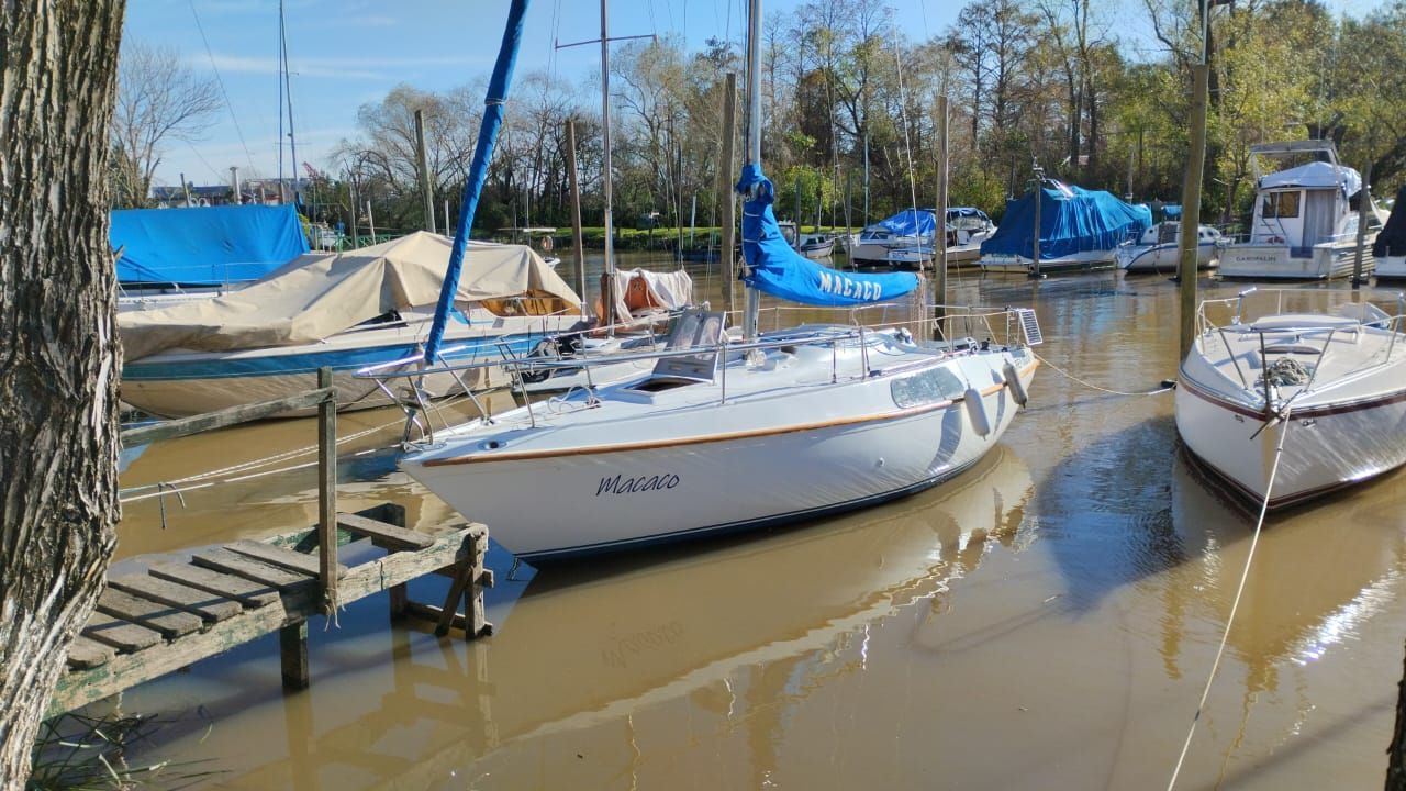 Un barco azul y blanco está atracado en el agua.