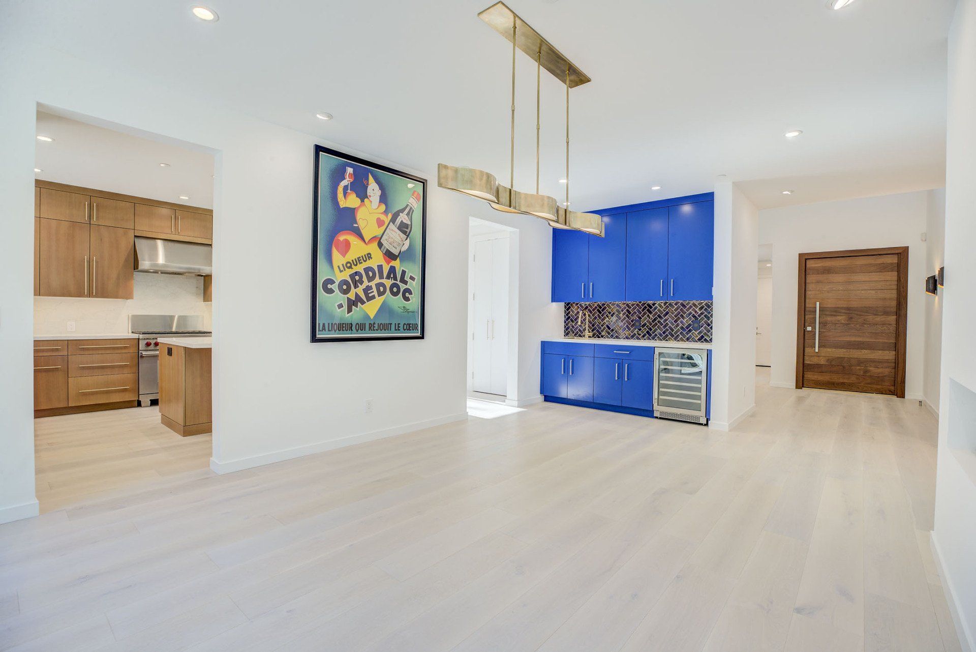 kitchen room with blue-painted cabinets