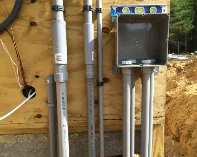 Electrical conduits and box mounted on plywood, with level resting on the box.