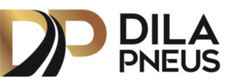 Logotipo da Dila Pneus: "DP" dourado com desenho de estrada e texto preto "Dila Pneus".