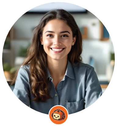 Woman with long brown hair smiles, wearing a blue button-down shirt. Orange and white logo in the bottom corner.