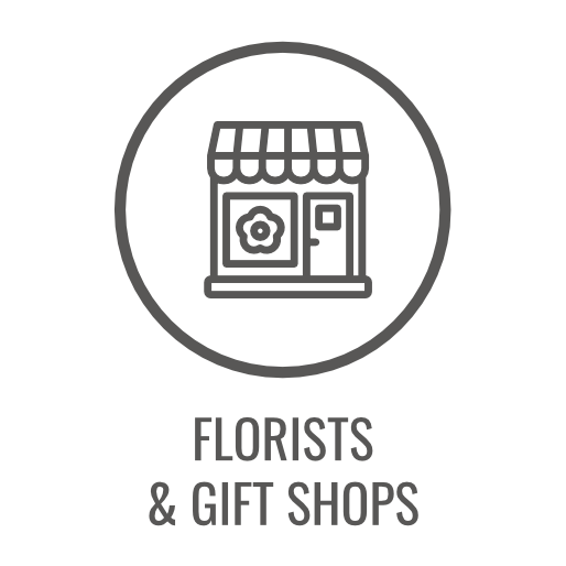 Icon of a flower shop with an awning and door, within a circle. Text reads 