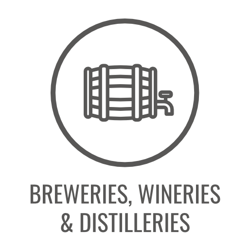 Barrel icon within a circle; labeled “Breweries, Wineries & Distilleries.”