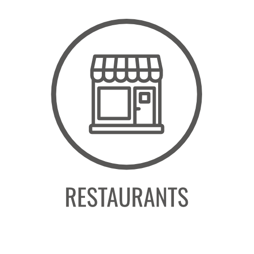 Restaurant icon: A building with an awning and the word 