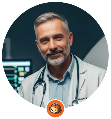 Smiling doctor with gray hair, stethoscope, and lab coat in a medical setting.