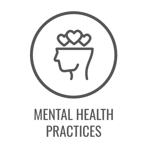 Icon: Head silhouette with hearts above, representing mental health practices.