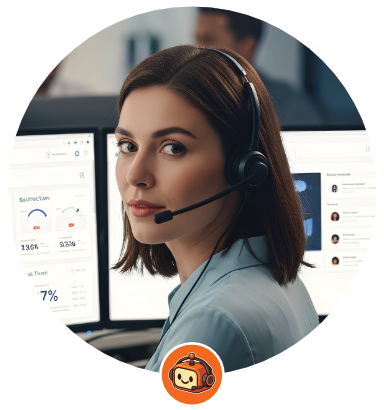 Woman with headset at computer monitors, looking at the viewer.