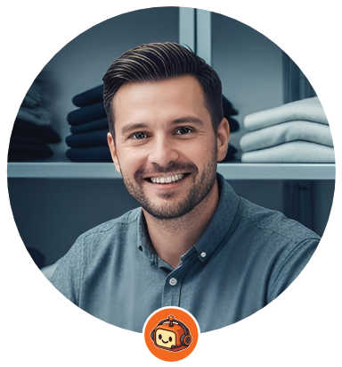 Woman wearing a headset at a computer, looking at the viewer. Screens show data and a company logo.