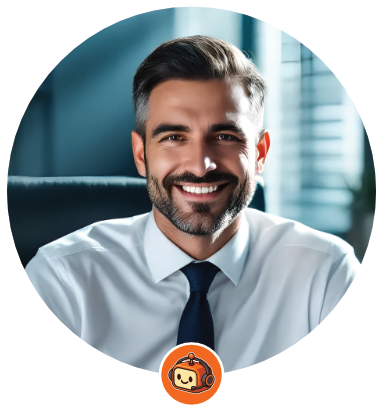 Smiling man with a beard, wearing a white shirt and tie, in an office setting.