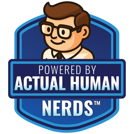 Cartoon man in glasses with text 