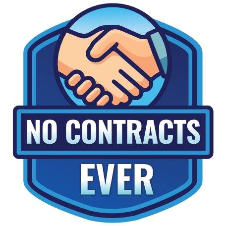 Blue badge with handshake icon above 