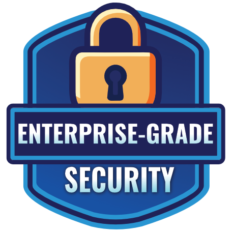 Blue badge with a gold lock, text 