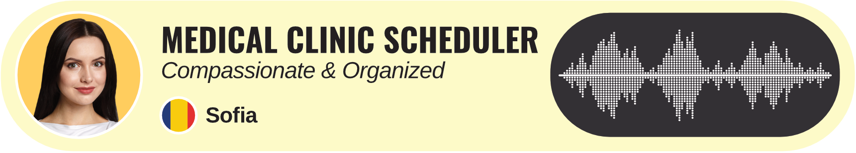 Woman with text "Medical Clinic Scheduler," audio waveform, and a flag.