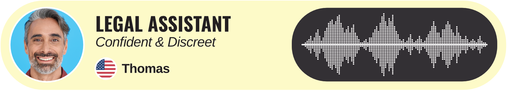 Icon with a man labeled "Legal Assistant," US flag, and a waveform.