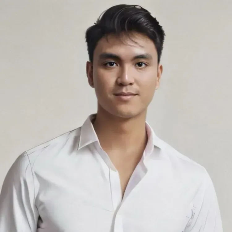 A young man is wearing a white shirt and looking at the camera.