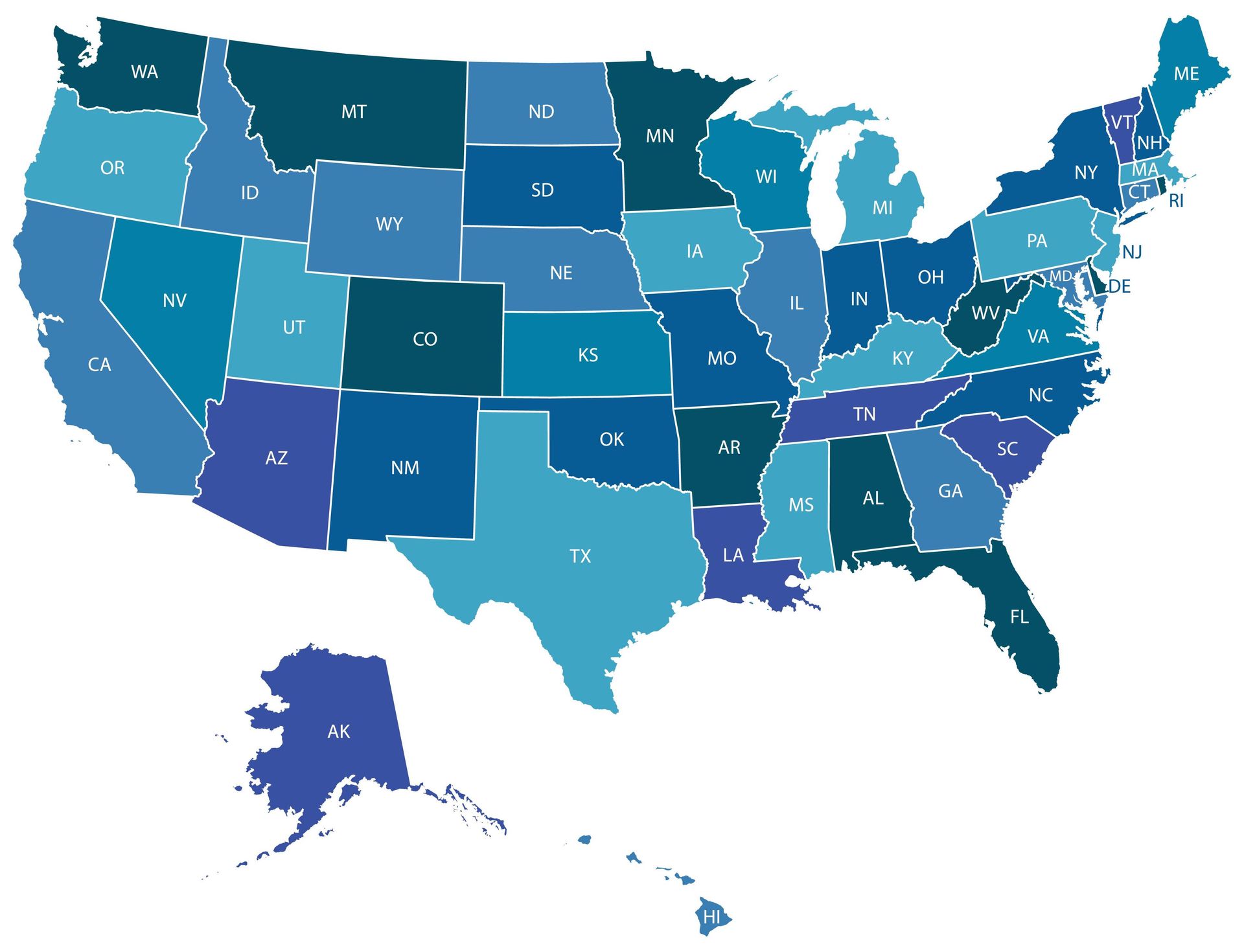 A map of the united states in blue shades