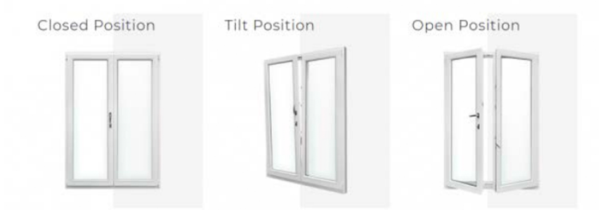 A picture of a closed position , tilt position , and open position of a window.