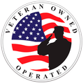 A veteran owned operated logo with an american flag