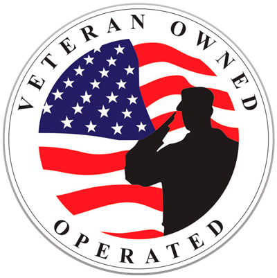 A veteran owned operated logo with an american flag