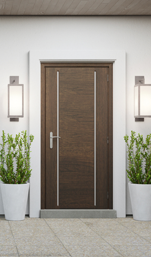 A wooden door with two potted plants in front of it.