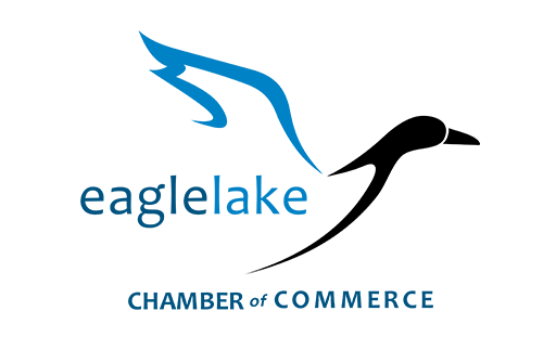 Eaglelake Chamber of Commerce logo featuring a stylized bird in flight, blue and black, with 