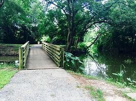 Bridge over a waterway in a park, surrounded by greenery.