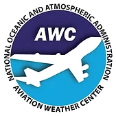 Logo for the Aviation Weather Center (AWC) of NOAA, featuring a white airplane silhouette over blue and navy circles.