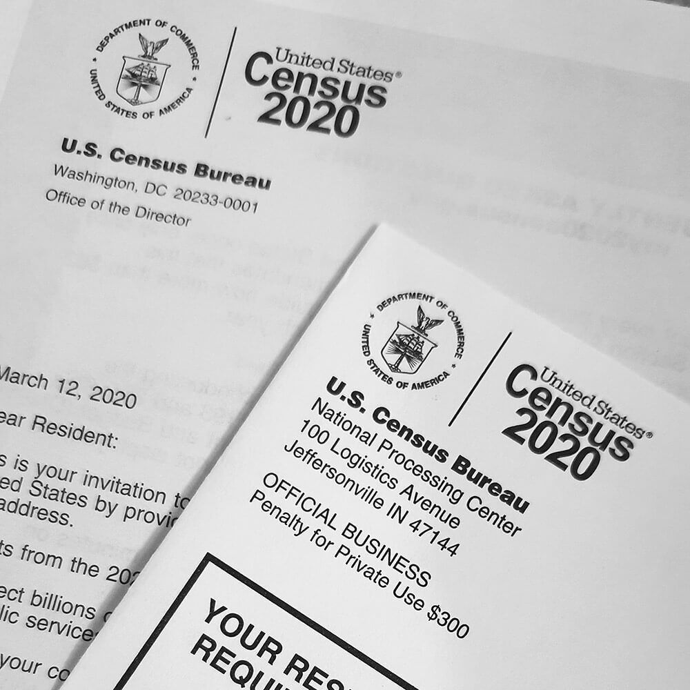 Two U.S. Census 2020 official mailings with the Census Bureau logo and text.