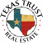 Texas Trust Real Estate logo: Texas map in blue, gold, and red, encircled by barbed wire, text