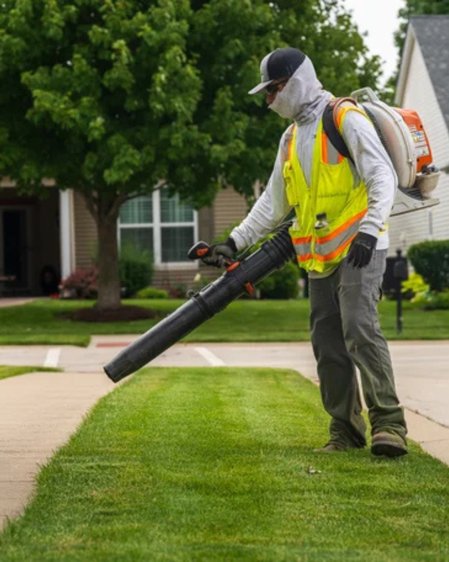 Lawn care worker using a leaf blower on a suburban lawn. He wears a yellow safety vest, a hat, and a face covering.