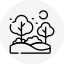Trees and shrubs in a park setting, with a sun or moon in the sky, within a white circle.
